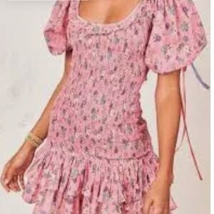 LOVESHACKFANCY Violet Mini Dress Hollywood Pink Size S Ruffle Smocked Drop Waist